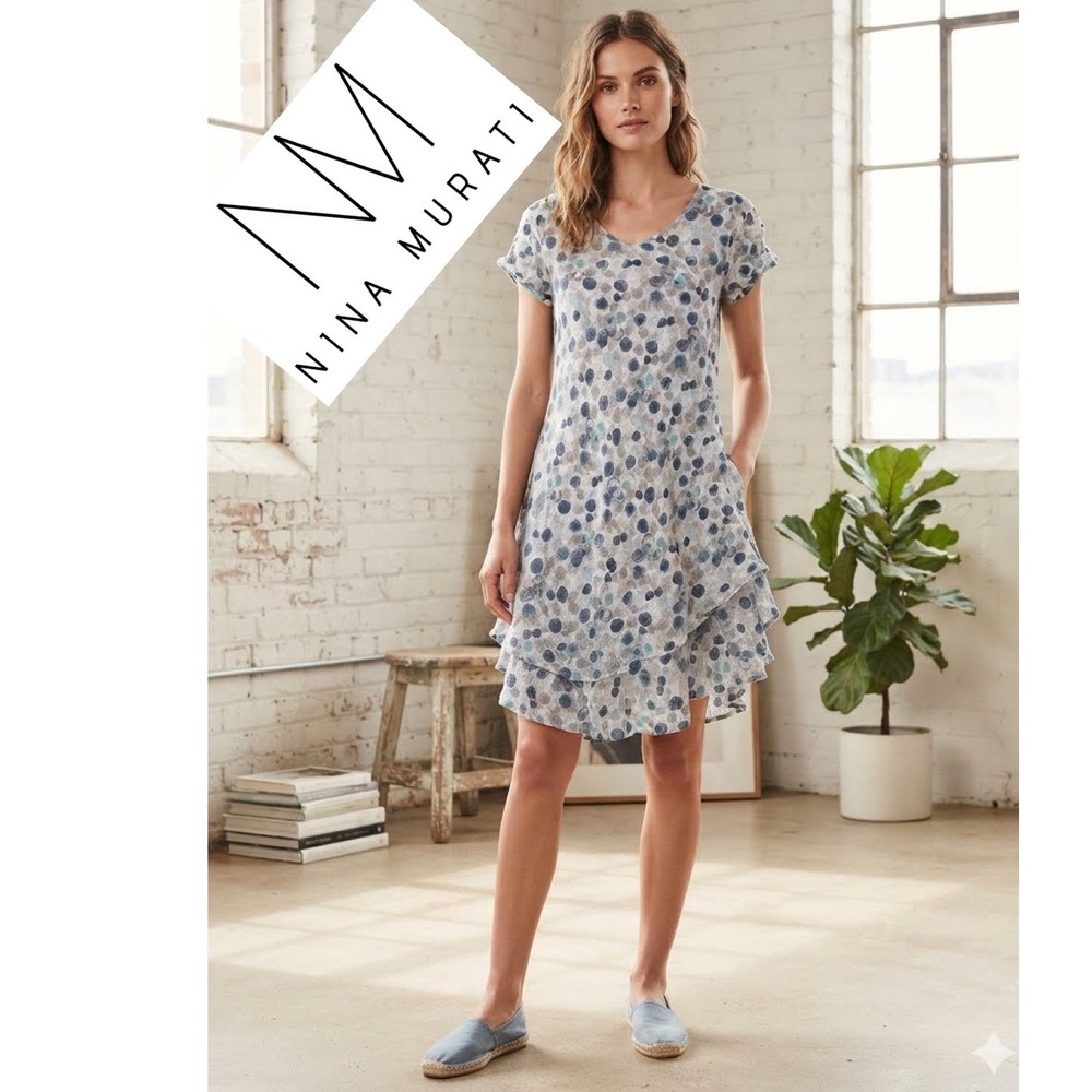 Nina Murati Blue Grey‎ Polka Dot Cotton Gauze Tiered Dress Made in Italy Size M